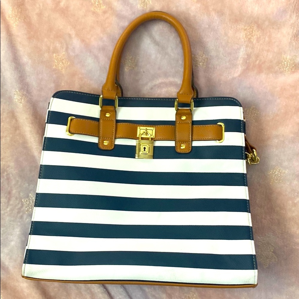 Navy blue and white striped purse